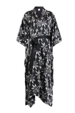 Load image into Gallery viewer, Ethical Kind Organic Peace Silk Lotus Print Kimono Gown in Black, Kimono Robe, Kimono Coat 