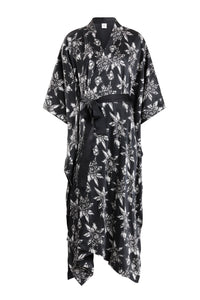 Ethical Kind Organic Peace Silk Lotus Print Kimono Gown in Black, Kimono Robe, Kimono Coat 