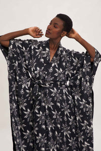 Ethical Kind Organic Peace Silk Lotus Print Kimono Gown in Black, Kimono Robe, Kimono Coat 