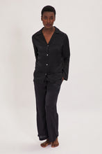 Load image into Gallery viewer, Ethical Kind Organic Peace Silk Black Pyjama Set with Mother of Pearl Buttons Shirt and Side Pocket Bottom Trousers