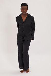 Ethical Kind Organic Peace Silk Black Pyjama Set with Mother of Pearl Buttons Shirt and Side Pocket Bottom Trousers