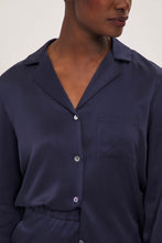 Load image into Gallery viewer, Ethical Kind Organic Peace Silk Evening Blue Pyjama Set with Mother of Pearl Botton Shirt and Side Pocket Trousers