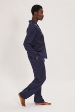 Load image into Gallery viewer, Ethical Kind Organic Peace Silk Evening Blue Pyjama Set with Mother of Pearl Botton Shirt and Side Pocket Trousers