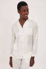 Load image into Gallery viewer, Ethical Kind Organic Peace Silk Pyjama Set with Mother of Pearl Botton Shirt and Side Pocket Trousers in Ivory White, Bridal Pyjamas, Bridal Nightwear.