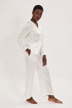 Load image into Gallery viewer, Ethical Kind Organic Peace Silk Pyjama Set with Mother of Pearl Botton Shirt and Side Pocket Trousers in Ivory White, Bridal Pyjamas, Bridal Nightwear.