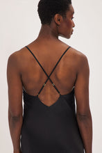 Load image into Gallery viewer, Ethical Kind Organic Peace Silk Slip Midi Night Dress in Black with adjustable cross back straps.