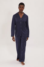 Load image into Gallery viewer, Ethical Kind Organic Peace Silk Evening Blue Pyjama Set with Mother of Pearl Botton Shirt and Side Pocket Trousers