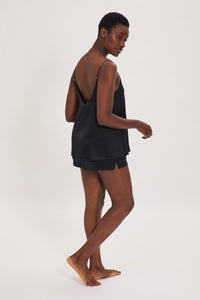 Ethical Kind organic peace v neck silk camisole top and short set in Black 