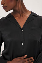 Load image into Gallery viewer, Ethical Kind Organic Peace Silk Black Pyjama Set with Mother of Pearl Buttons Shirt and Side Pocket Bottom Trousers