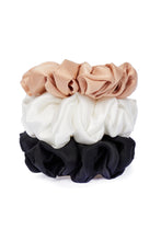 Load image into Gallery viewer, Ethical Kind Organic Peace Silk Hair Scrunchies, Set of 3, hazelnut, Ivory and black