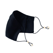 Load image into Gallery viewer, Ethical Kind Organic Peace Silk Face Mask with filter pockets, adjustable with eco-elastic cord and natural wood beads in black open side view