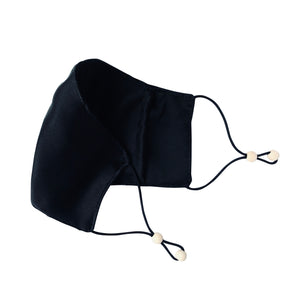 Ethical Kind Organic Peace Silk Face Mask with filter pockets, adjustable with eco-elastic cord and natural wood beads in black open side view