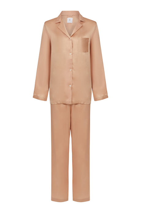 Ethical Kind Organic Peace Silk Pyjamas Set with Mother of Pearl Botton Shirt and Side Pocket Trousers in Hazelnut
