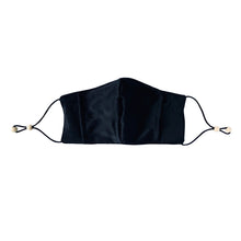 Load image into Gallery viewer, Ethical Kind Organic Peace Silk face mask with filter pockets, adjustable with eco-elastic cord and natural wood beads in black front view