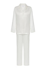 Load image into Gallery viewer, Ethical Kind Organic Peace Silk Pyjama Set with Mother of Pearl Botton Shirt and Side Pocket Trousers in Ivory White, Bridal Pyjamas, Bridal Nightwear.