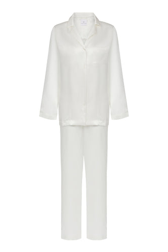Ethical Kind Organic Peace Silk Pyjama Set with Mother of Pearl Botton Shirt and Side Pocket Trousers in Ivory White, Bridal Pyjamas, Bridal Nightwear.