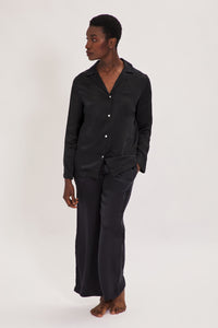 Ethical Kind Organic Peace Silk Black Pyjama Set with Mother of Pearl Buttons Shirt and Side Pocket Bottom Trousers