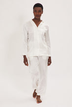 Load image into Gallery viewer, Ethical Kind Organic Peace Silk Pyjama Set with Mother of Pearl Botton Shirt and Side Pocket Trousers in Ivory White, Bridal Pyjamas, Bridal Nightwear.