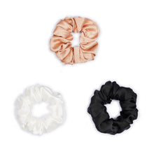 Load image into Gallery viewer, Ethical Kind Organic Peace Silk Hair Scrunchies, set of three, hazelnut, ivory and black